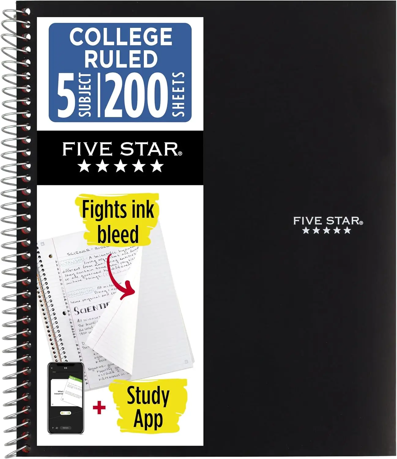 

5 Subject Spiral Notebook, College Ruled, 200 Sheets, 8.5x11, Water Resistant Cover, Ink Bleed Resistant