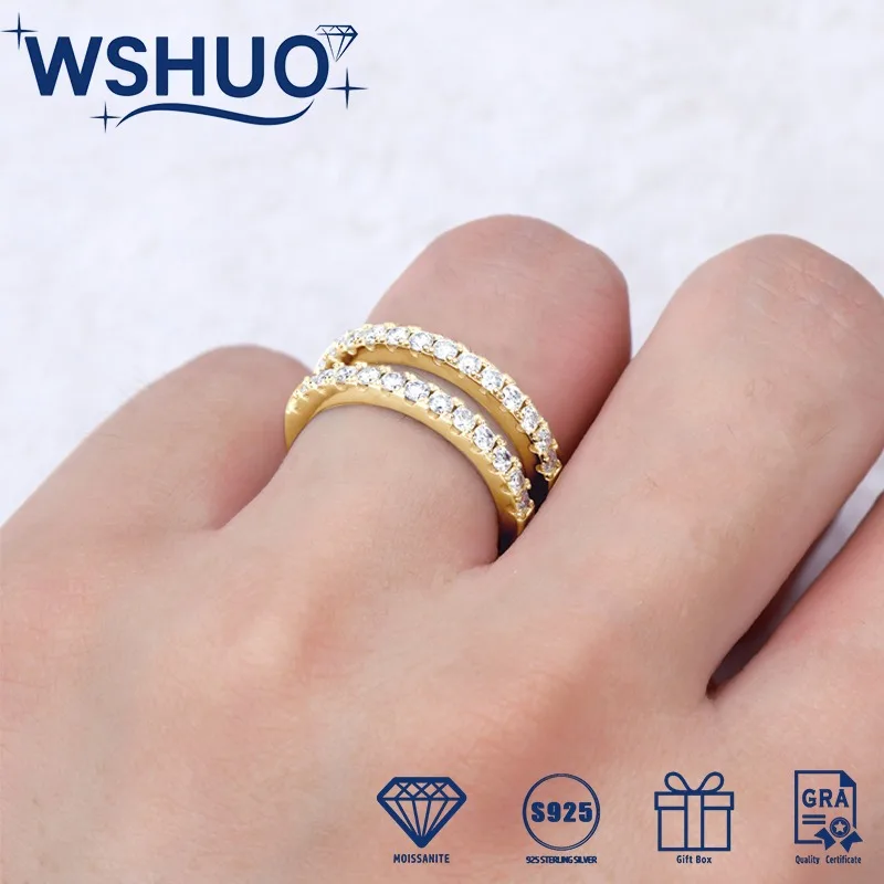 

WSHUO Full Moissanite Bands Double Row Wedding Rings Real 925 Sterling Silver Ring Enhancer for Women Jewelry GRA Certificate
