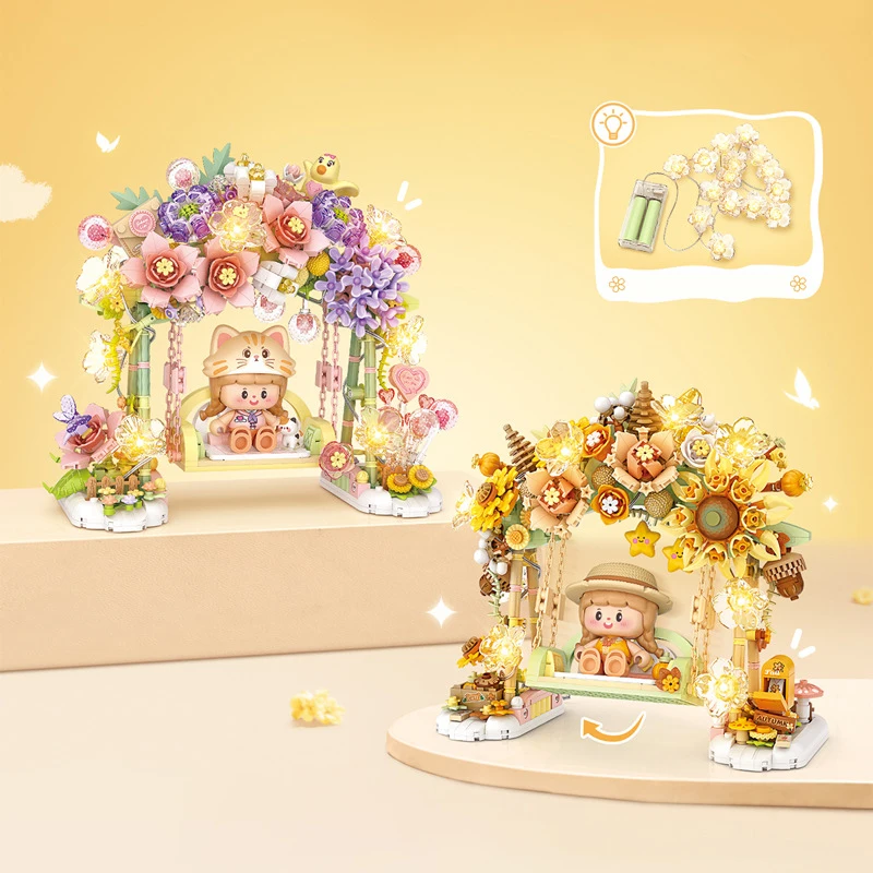 Creative Romantic Flower Swing Mini Block Model Girl Figures Building Bricks Construction Toys Collection With Light For Gifts