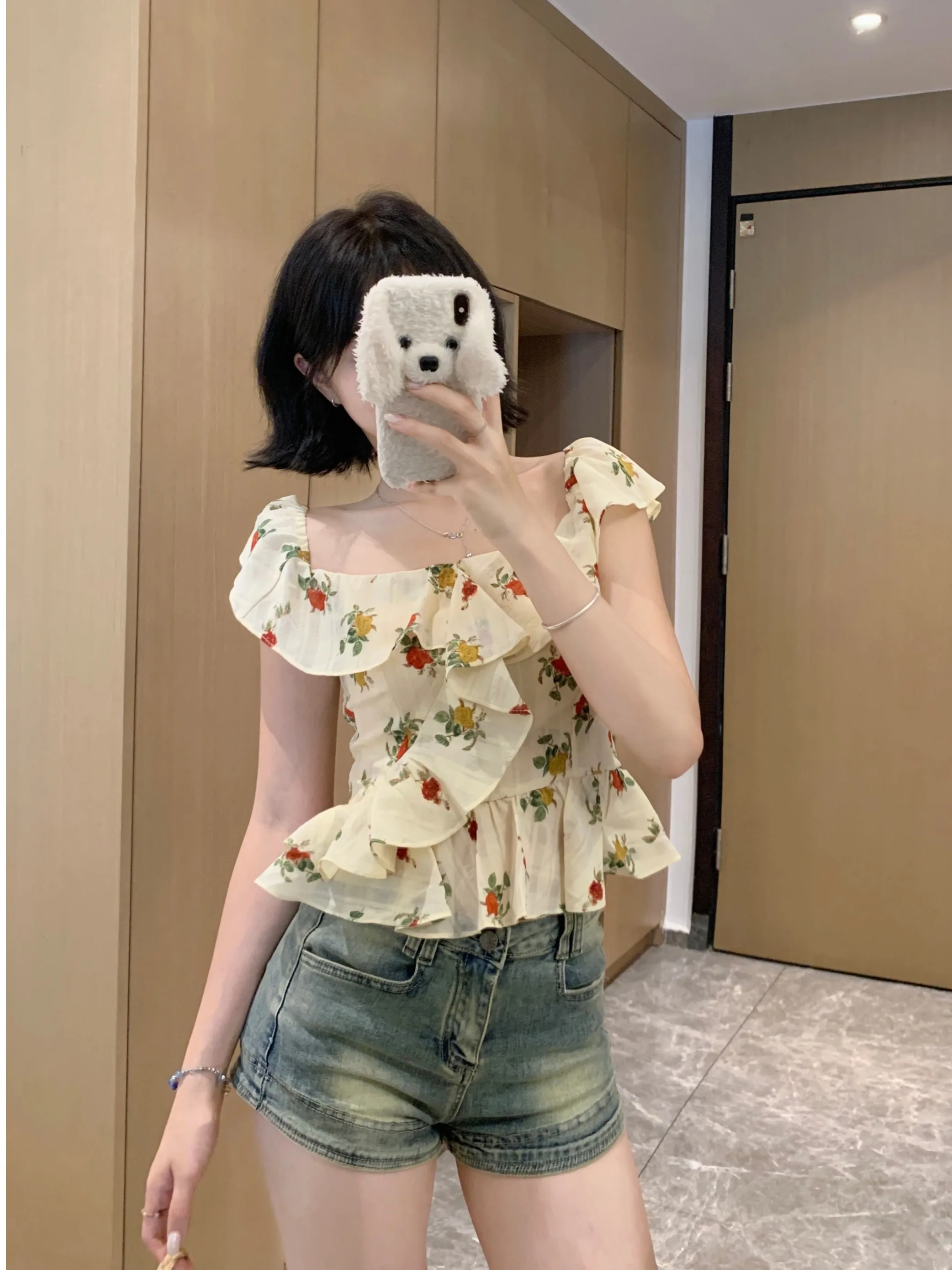 

Slimming plus Size Women's irt Vintage Floral Ruffle Collar ort Sve Korean Sle Commute Faion Summer New Arrival