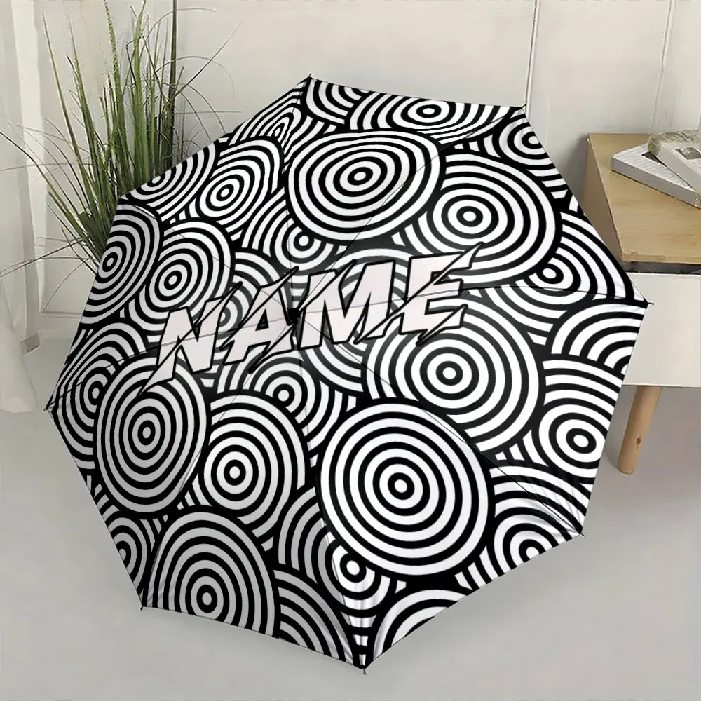 Custom Name Umbrella,Black and White Circular Pattern Umbrella with Bold Text Design