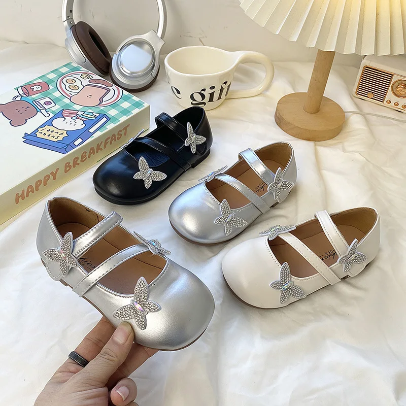 

Kids'Casual Shoes Flat shoes PU Leather Princess Spring Shoes For Girls Anti-slip Velcro Black silver Shoes Size 27-37