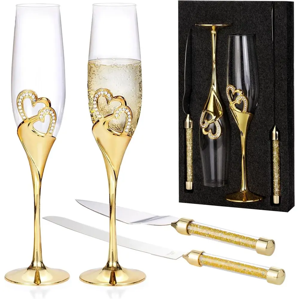 

Набор для торжества: фужеры для шампанского и сервировочные ножи для торта, фужеры для тостов жениха и невесты с набором для резки торта, набор бокалов для шампанского с бриллиантовым дизайном