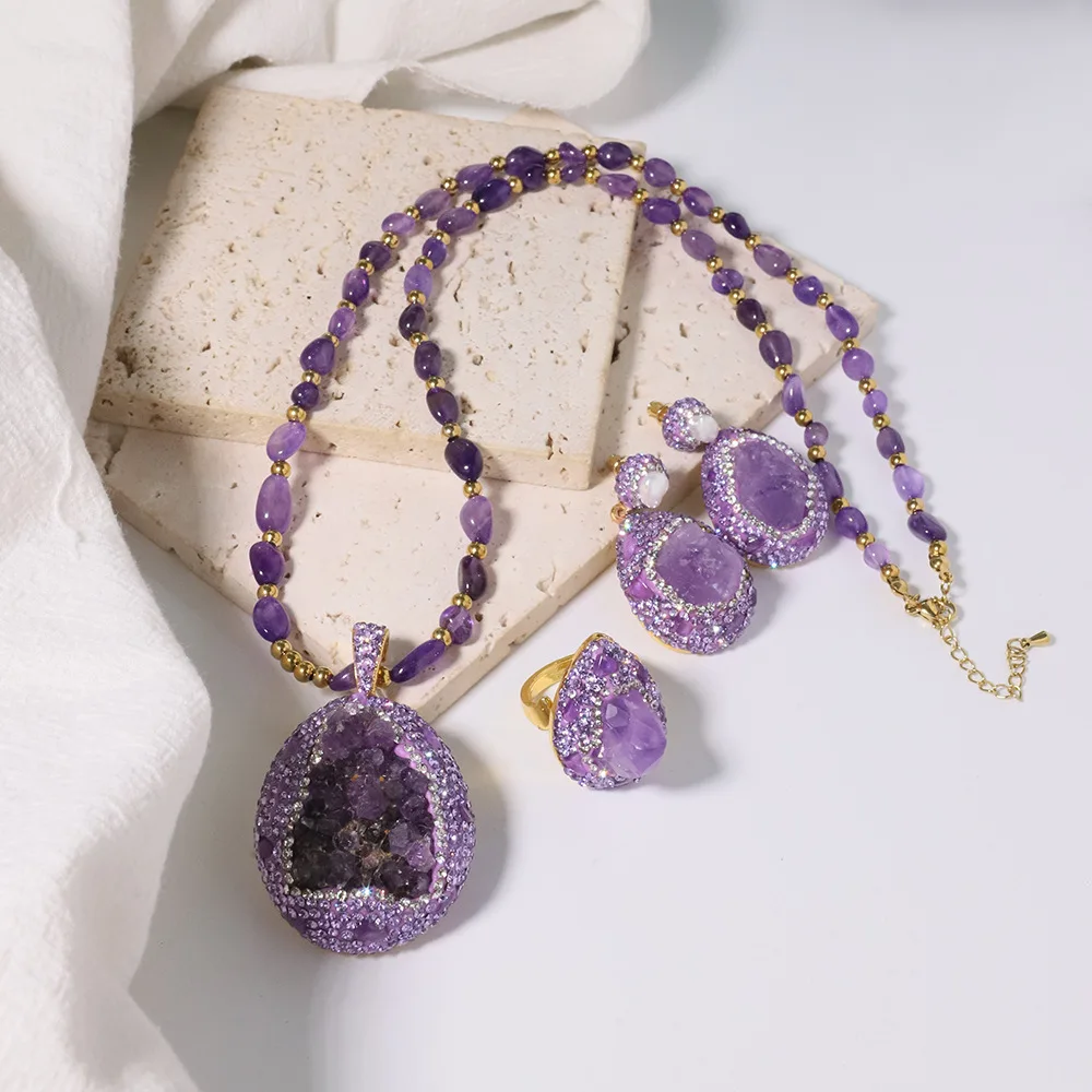 

Natural Amethyst Handmade Simple Personality Fashion Necklace Ring Earrings National Fashion Jewelry Purple Crystal Choker Gifts