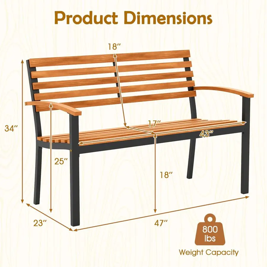 Giantex ม้านั่งกลางแจ้ง, ม้านั่งเล่นกลางแจ้งไม้อะคาเซียพร้อมที่นั่งพนักพิงแบบมีร่อง, ที่วางแขน, โครงโลหะสำหรับงานหนัก, ความจุ 800 ปอนด์
