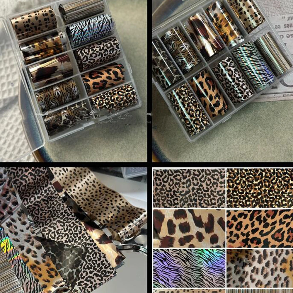 10 rollos de láminas para uñas con estampado de leopardo, pegatinas de transferencia, diseño de animales salvajes, calcomanías de transferencia, decoración de uñas DIY para otoño e invierno
