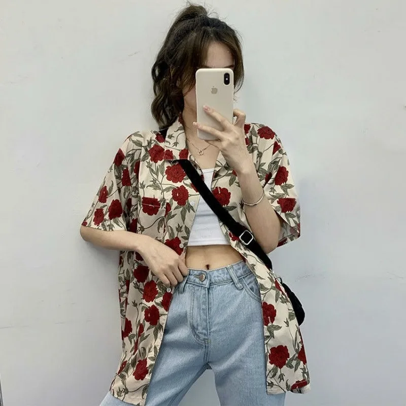 Women Shirts Short Sleeve Summer Sum-proof Harajuku Rose Print Vintage Retro Korean Style Loose Teens Streetwear Chic Tops 2022