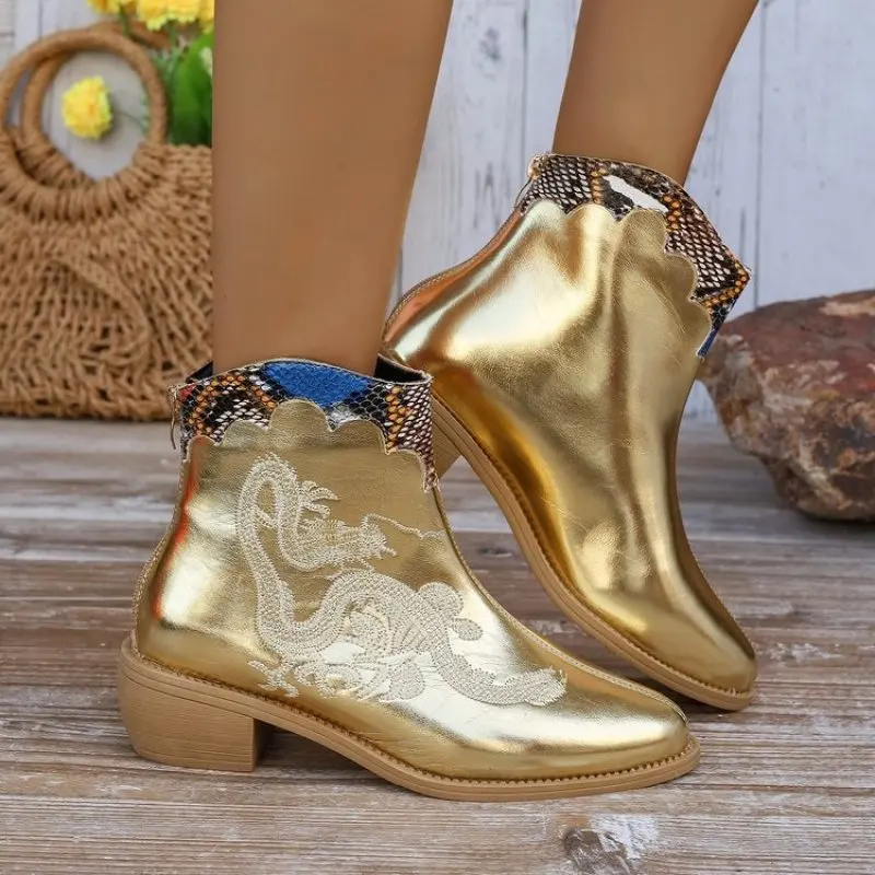 

Women Cowboy Cowgirls Boots Embroidery Metallic Punk Boots In Gold Sliver Ankle Med Heel Shoes Autumn Winter Pointed Toe Brand