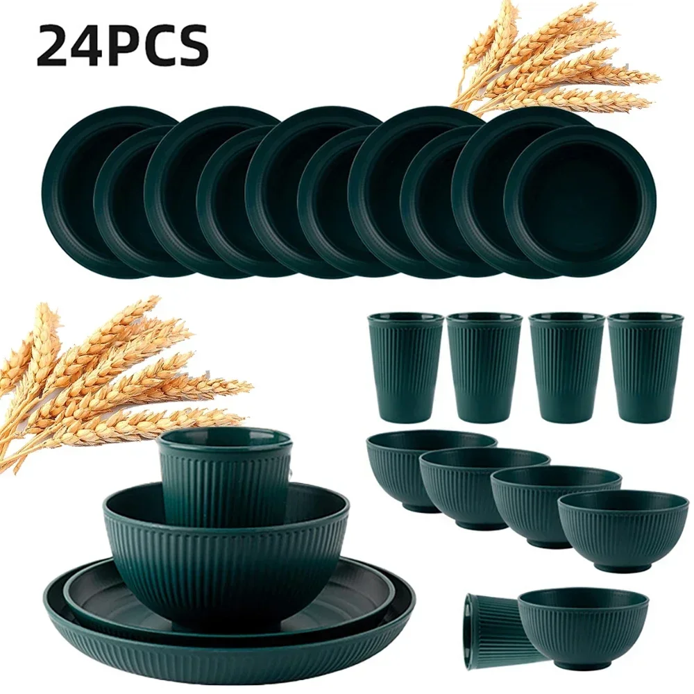 Wheat Straw Ramen Bowl, Full Tableware of Plates, Dinner Dishes Set, Camping Tableware, 24Pcs