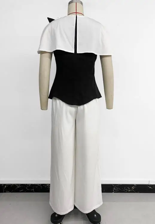 قطعتين مجموعة النساء الزي 2026 ربيع جديد أنيق أبيض وأسود التباين جولة الرقبة تي شيرتات قصيرة الاكمام و سراويل تقليدية مجموعة