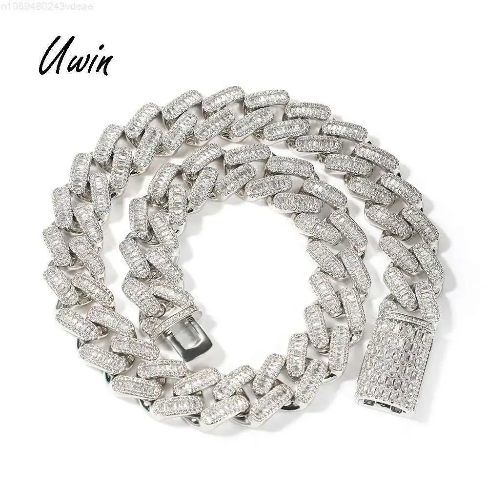 

2021 Hot Sale 20mm Square Cut CZ Miami Chain Real Gold Plated Chunky Baguette Cuban Link Chain Necklace Rapper Jewelries