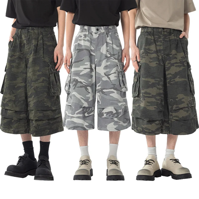 Multi-pocket Camouflage Casual Tooling Shorts Men's 2026 Summer Design Pleated Wide-leg Cropped Pants Cotton