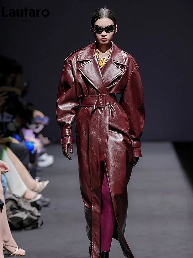 

Lautaro Spring Autumn Extra Long Waterproof Oversized Pu Leather Trench Coat for Women Belt Chic Luxury Designer Clothes 2026