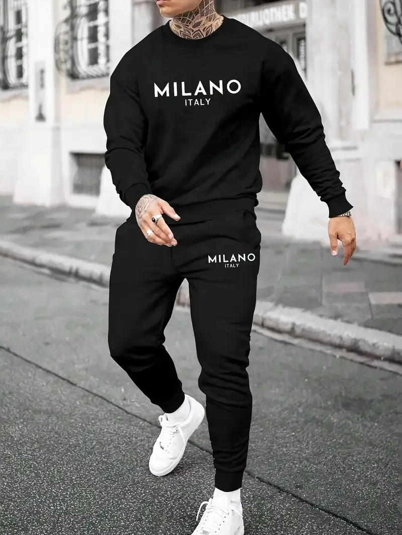 The new men's round-neck hoodie set for Spring and Autumn 2025 features a casual and comfortable 3D letter pattern print