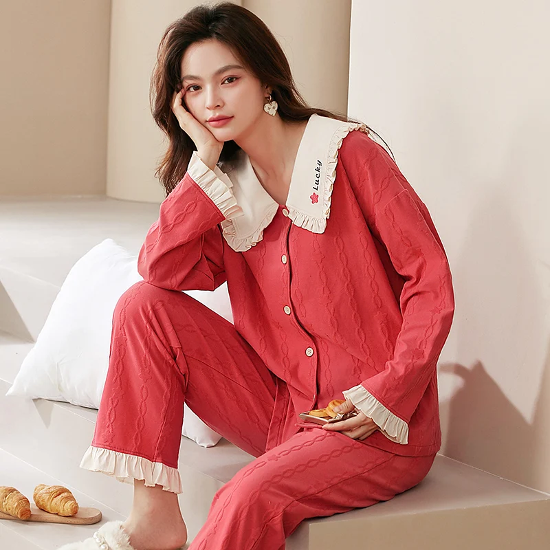 New Autumn Cotton Pajamas For Women Sleepwear Set Long Sleeve Turn-down Collar Cardigan Pyjamas Leisure Soft Female Nightwear