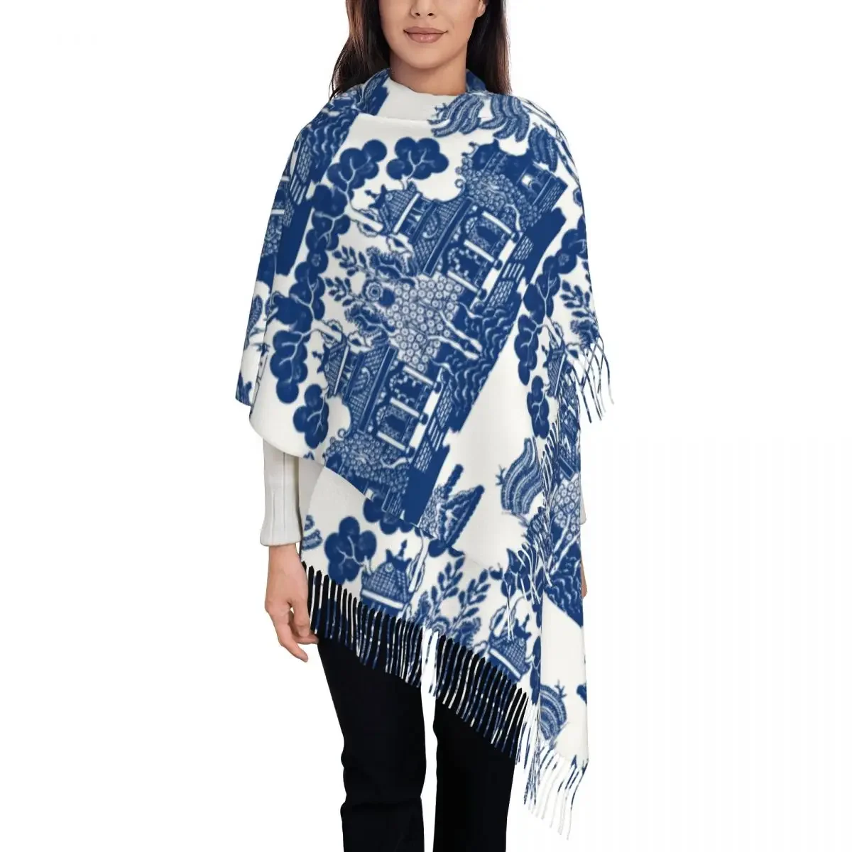 Custom Print Blue Willow Chinoiserie Blue And White Porcelain Inspiration Scarf Men Women Winter Warm Scarves Shawls Wraps