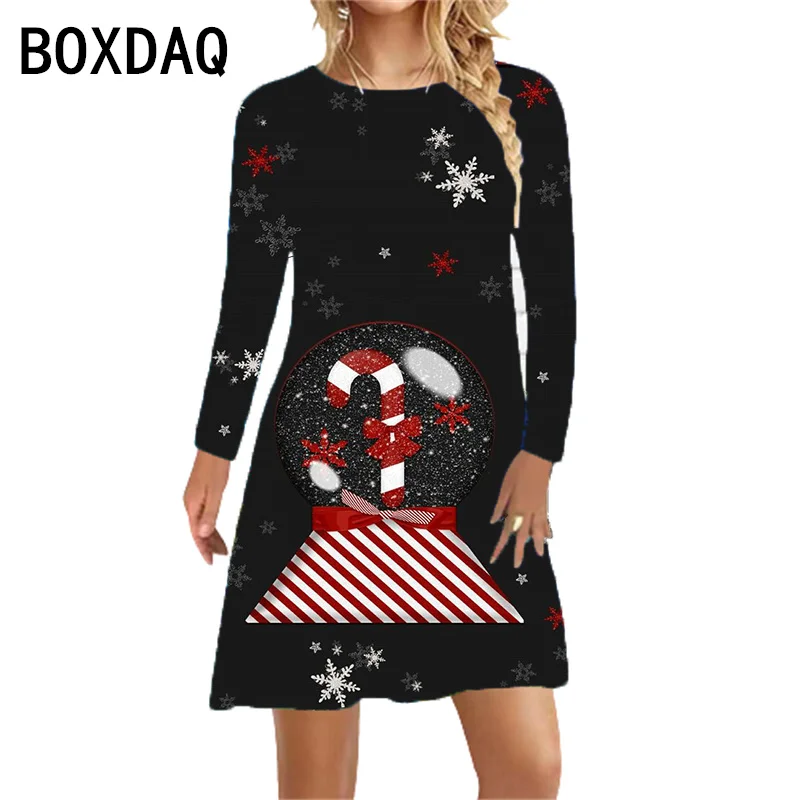 Women's Christmas Party Dress 3D Christmas Deer Christmas Gift Printed Mini Dress Autumn Long Sleeve O-Neck Casual A-Line Dress