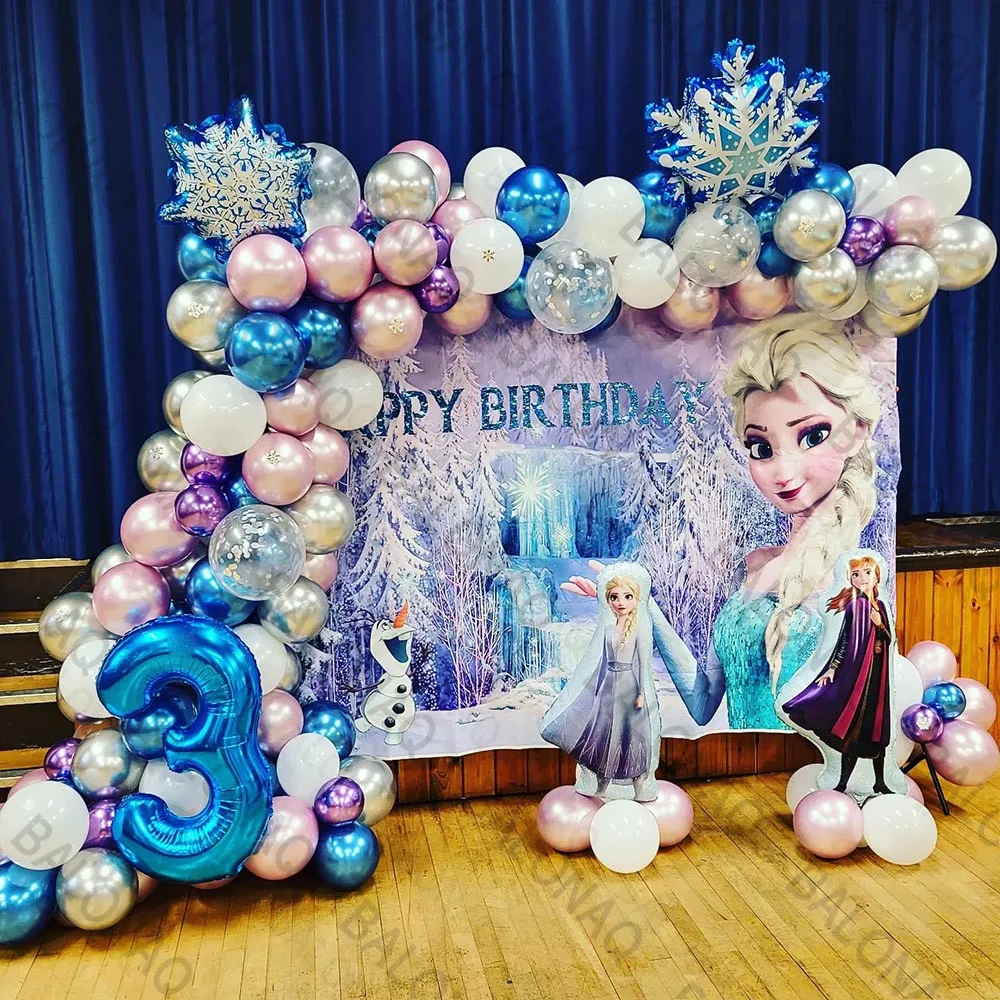 92 Uds. Fondo de pared con tema de Disney, decoración de fiesta de Frozen, globos de aluminio de Elsa y Anna, bola de números, fiesta de cumpleaños para niñas y niños