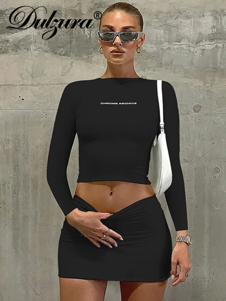 Dulzura Women Casual Y2K Clothes 2 Piece Letter Print Long Sleeve Crop Top High Waist Mini Skirt Matching Set Club Streetwear