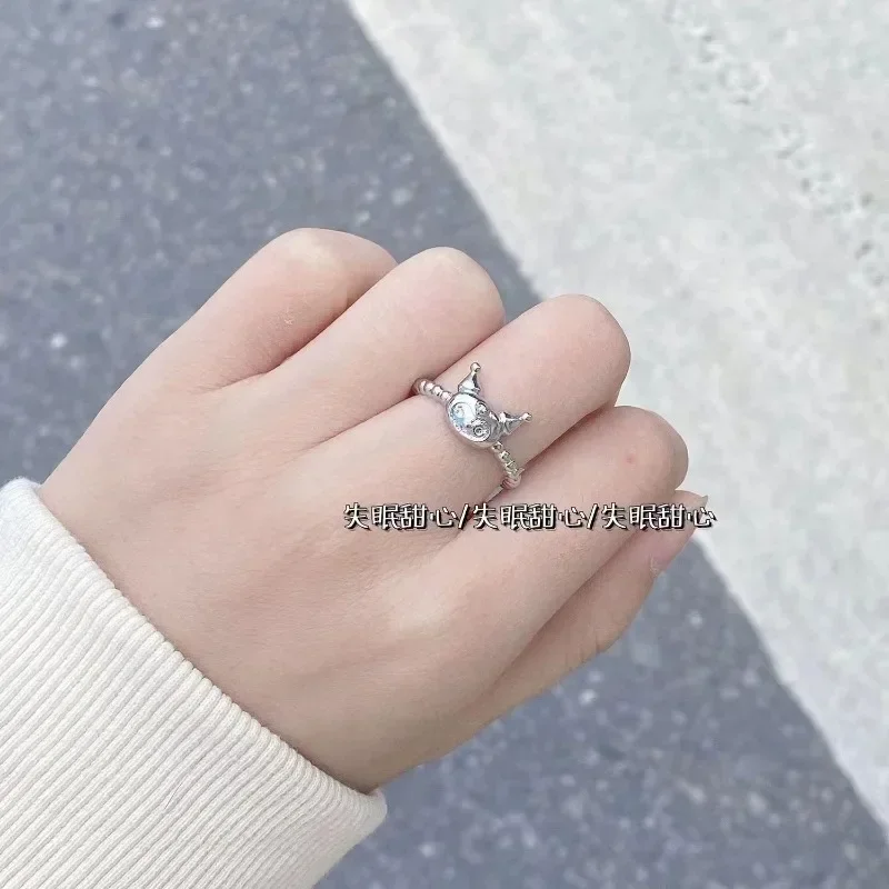 New Sanrio Hello Kitty Rings Accessories Hello Kitty Kawaii Hollow Out Ring Accessories Crystal Finger Ring Adjust Silvery Gifts