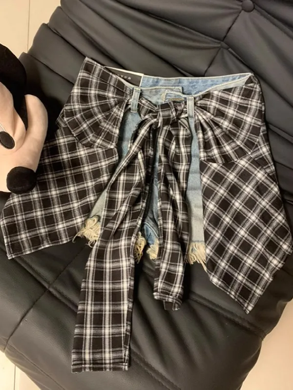 

Женские джинсовые шорты с высокой талией в клетку, модные, многослойные, летние, новые, укороченные, облегающие, повседневные, в уличном стиле