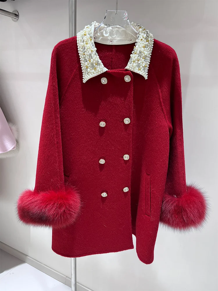 2025 New Winter Women Real Fox Fur Wool Woolen Coat Natural Fox Fur Collar Jacket Ladies Outerwear Streetwear