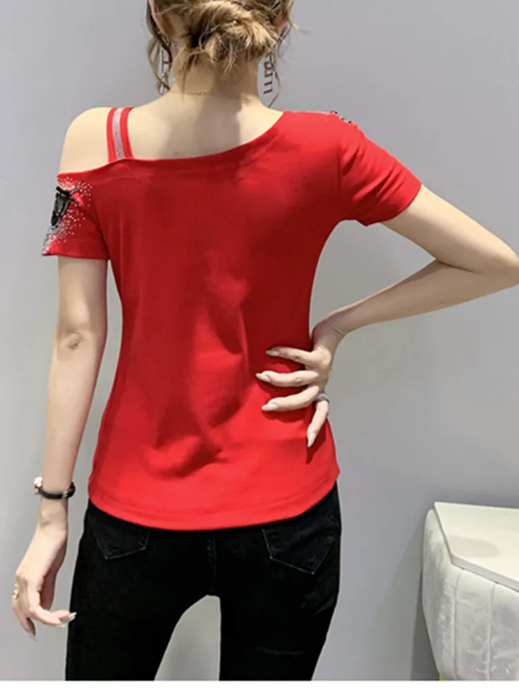 New 2024 Summer Skew Collar Short Sleeve Women Tshirt Sexy Off Shouler Love Embroidery Hot Diamonds Tops Female Elastic Tees