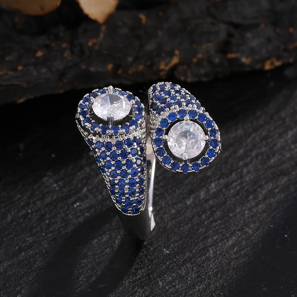 ZAKOL Luxury Full Paved CZ Blue Cubic Zirconia Open Ring For Women Statement Finger Ring Generous Party Jewelry Gift