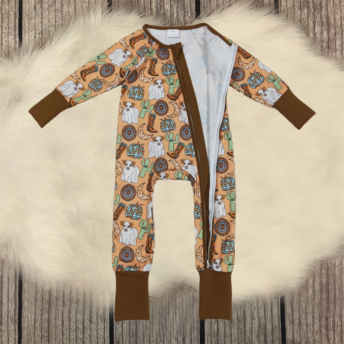 

Baby Toddler Western Cactus Boots Cows Jumpsuit Boys Children Footie Romper Newborn Coverall Kids Zipper Bodysuit Wholesale