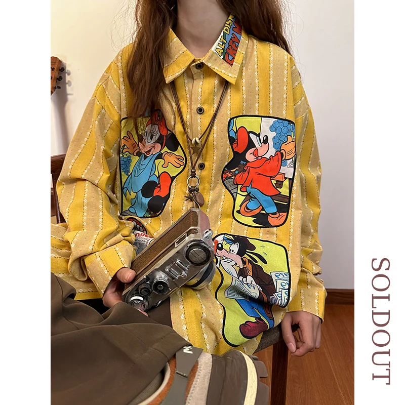 Original American Retro Style Cartoon Striped Embroidered Long-sleeved Shirt Autumn Fashion Loose And Versatile Top Blouse Women