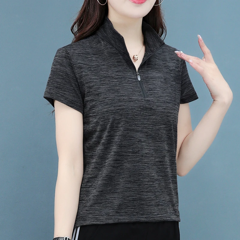 New Women'S Casual Half Zipper Stand Up Collar Quick Drying Short Sleeved Summer Fashionable Versatile Loose Outdoor Sports Top