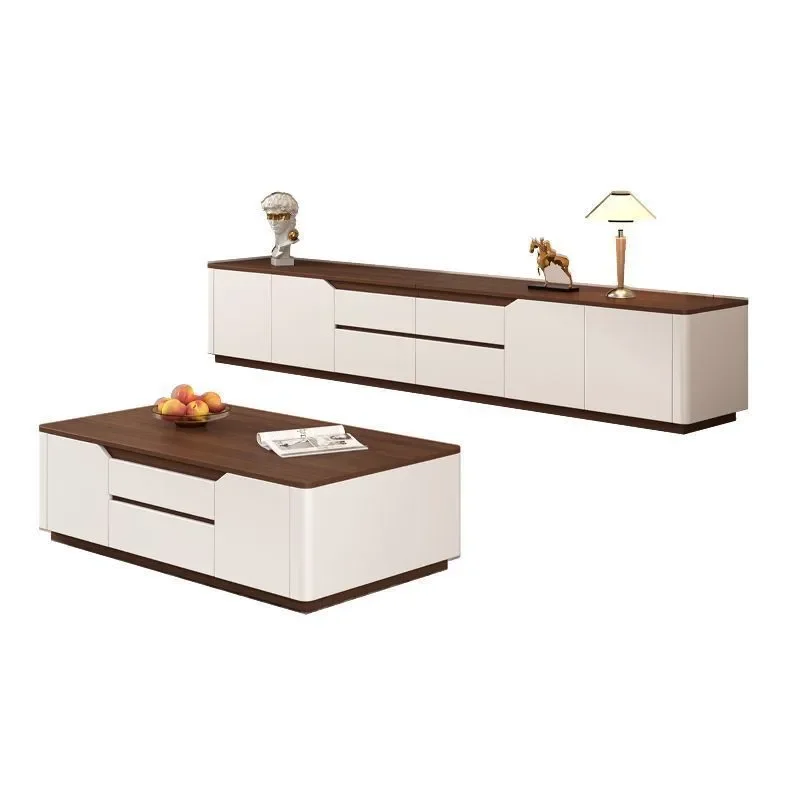 Walnut Floor to Ceiling TV Cabinet Living Room Small Apartment French Cream Style Solid Wood Coffee Table and TV Stand Combo