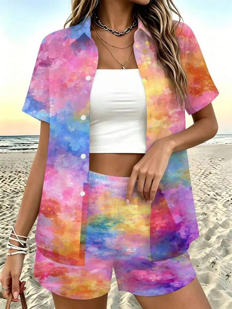

Womens Short Sleeve Shirt And Shorts Set Watercolor Rainbow Abstract Print Summer Lightweight Casual Travel Outfit