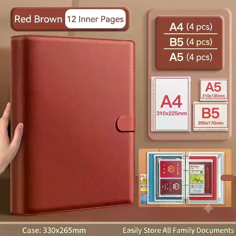 PU Leather Family Document Organizer Bag - Large Capacity Certificate Storage Case with Clear Pockets for Passports, ID Cards