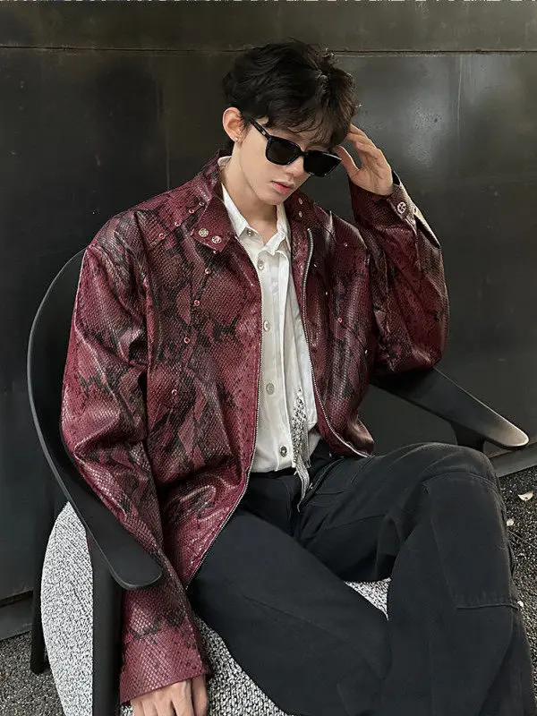 

Men's ort Leather Jaet Snake Skin Texture Stand Collar Embellied Gemstone Biker Jaet Autumn High End Feeling