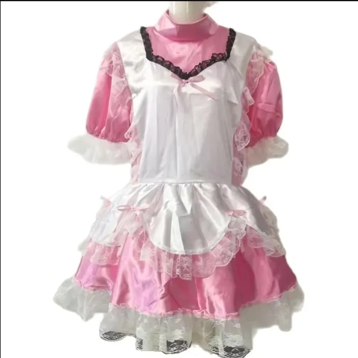 

Pink Cute and Girlish Hat with Lace Cuffs White Pleated Lace Apron with Satin Bow Short Sleeved Role-playing Dress