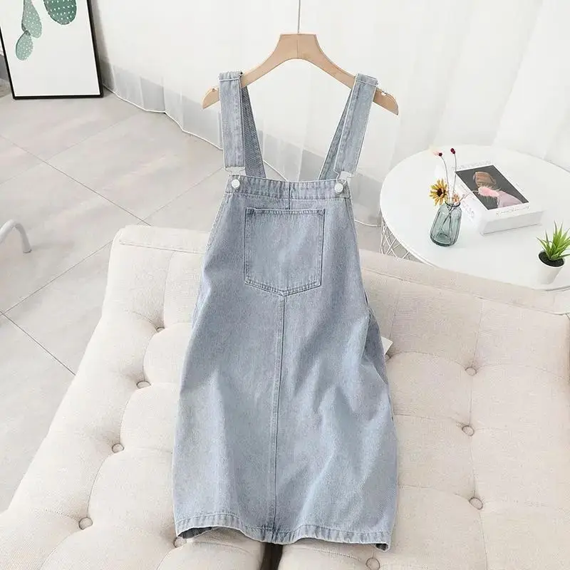 Women Denim Suspender Dress Summer Solid Streetwear New Overall Dresses Jean Vestido Female Sleeveless A-Line Skirt With Pockets