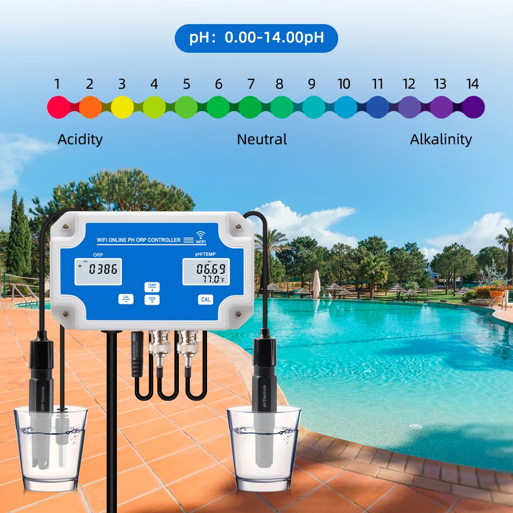 WiFi Temp ORP Misuratore PH Tester di qualità dell\'acqua Analizzatore pH Redox Controller Monitor online remoto intelligente per acquari Piscina