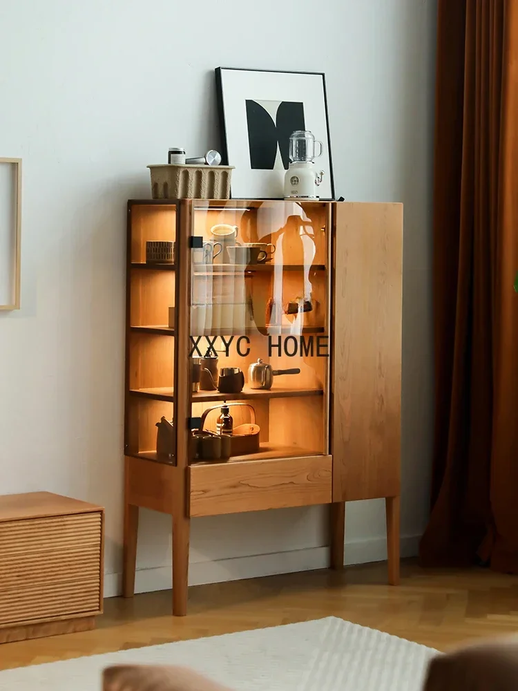 

Solid Wood Cherrywood Sideboard Cabinet Glass Door Black Walnut Storage Wine Cabinet Light Luxury Silent Style Cabinet