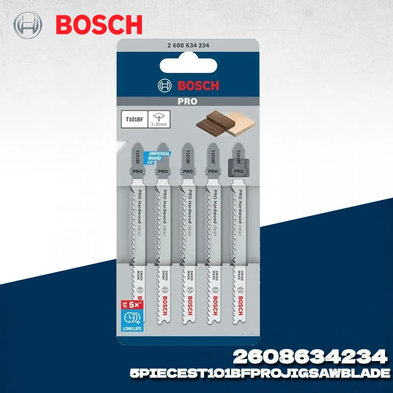 Bosch 2608634234 5 Pieces T101BF Jigsaw Blade for Woodworking, Straight and Curved Cutting Saw Blade, Power Tool Accessories