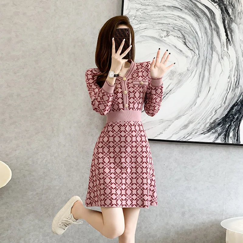 #0907 Pink Plaid Sweater Dress V-neck Buttons High Waist Vintage Short A-line Dress Long Sleeve Retro Stretch Office Mini Dress