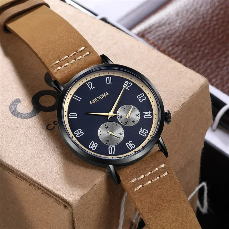 Relojes MEGIR de lujo con correa de cuero marrón para hombre, reloj de pulsera de cuarzo a la moda, reloj deportivo analógico resistente al agua, reloj masculino