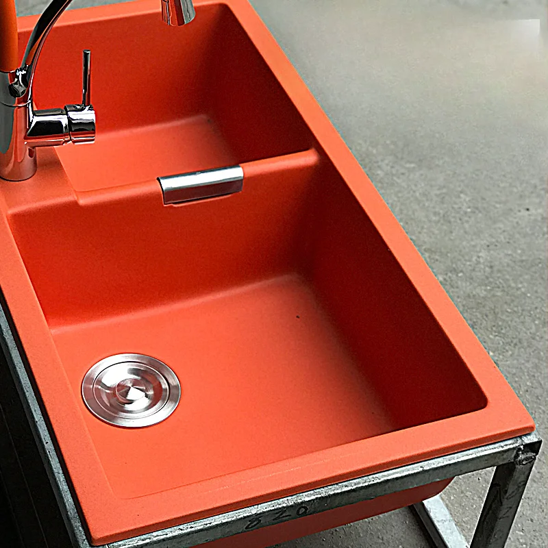 

Orange quartz stone large double slot granite kitchen vegetable basin wash basin thickened handmade basin under the counter