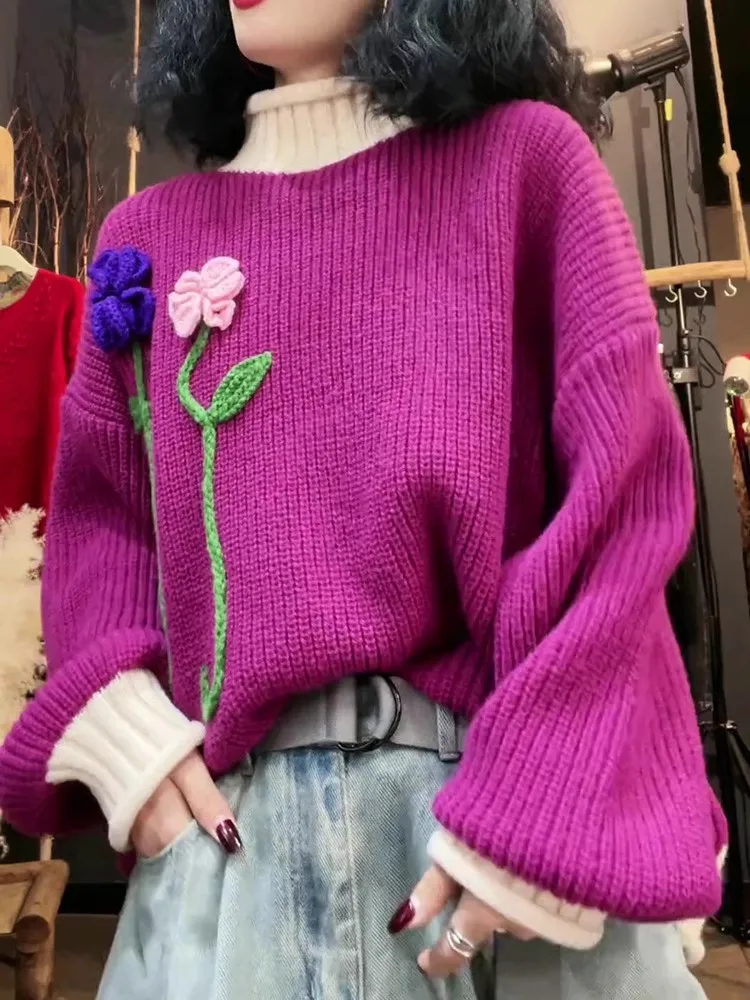 

Водолазка, розово-красный пуловер, свитер в европейском стиле, осень-зима, новый женский высококачественный красивый цветочный наряд 2025, модный топ