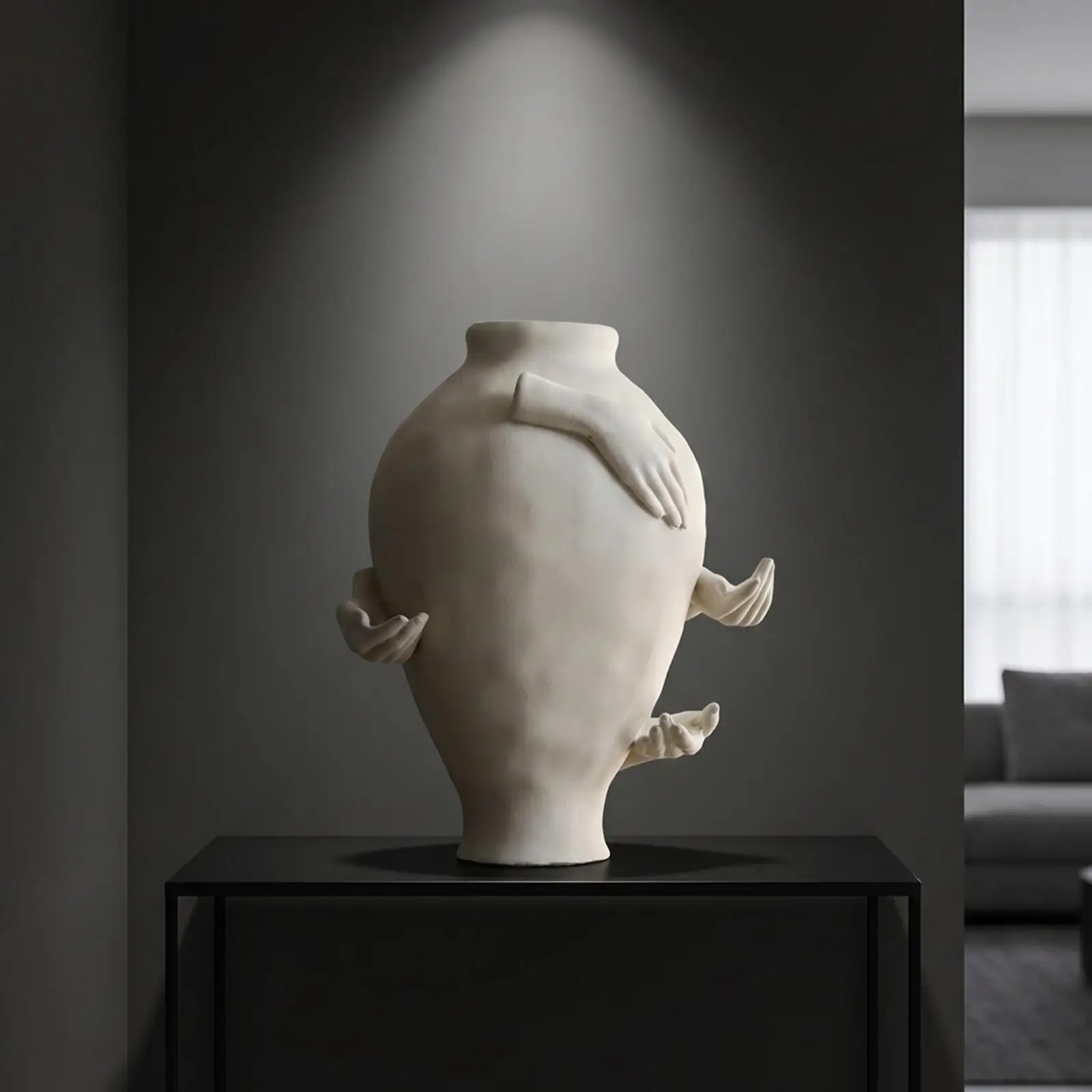 Sculptural Art Vase Beige Resin Hand Motif Decorative Flower Holder for Dried Botanicals Unique Tabletop Piece for Living Room