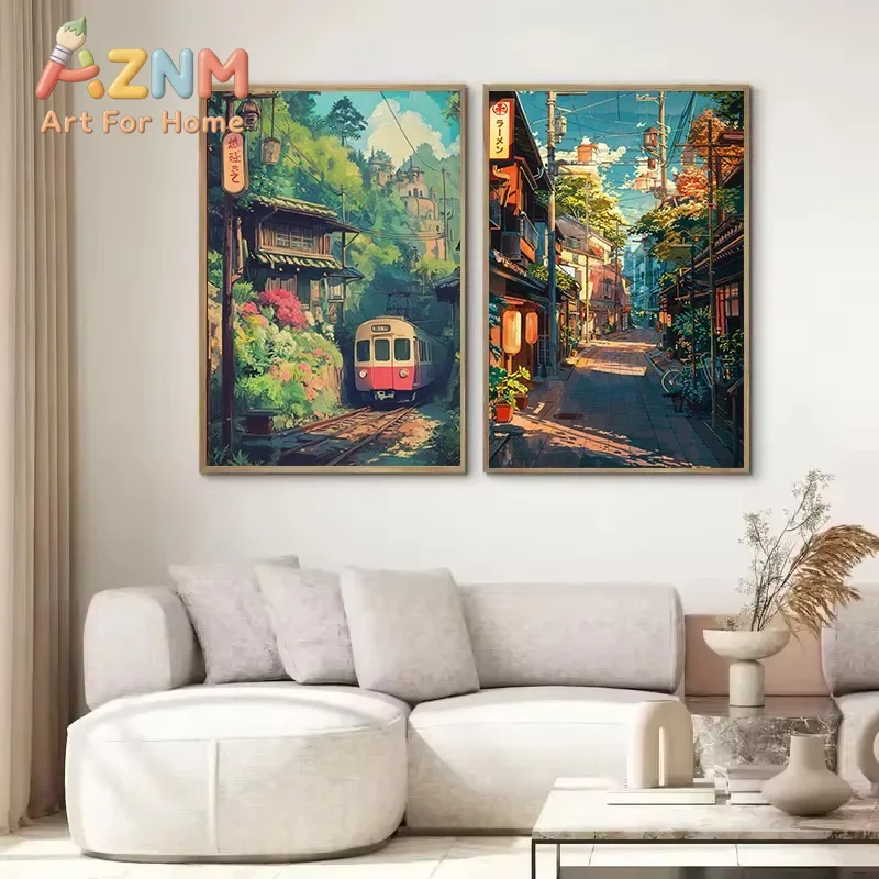 1pc frameless Oil Painting By Numbers  Retro Tokyo Railway Vintage Japanese Train Travel Asian Landscape Anime Style Wall Art Ho