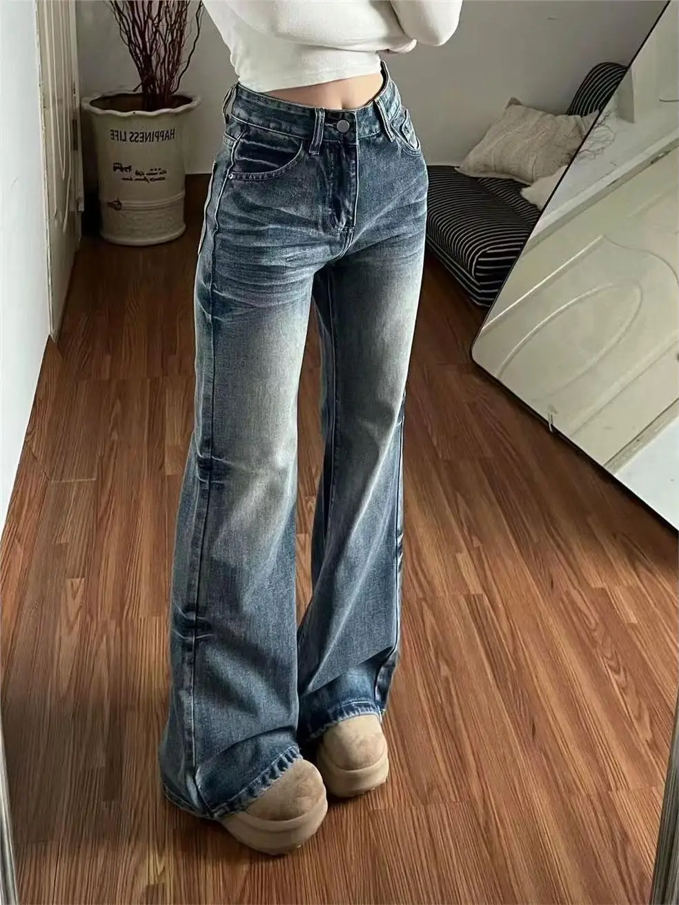 

Джинсы American Sle Bell Bot с высокой талией, джинсовая ткань, дизайн для поездок на работу, свободные прямые, для похудения, длина до пола