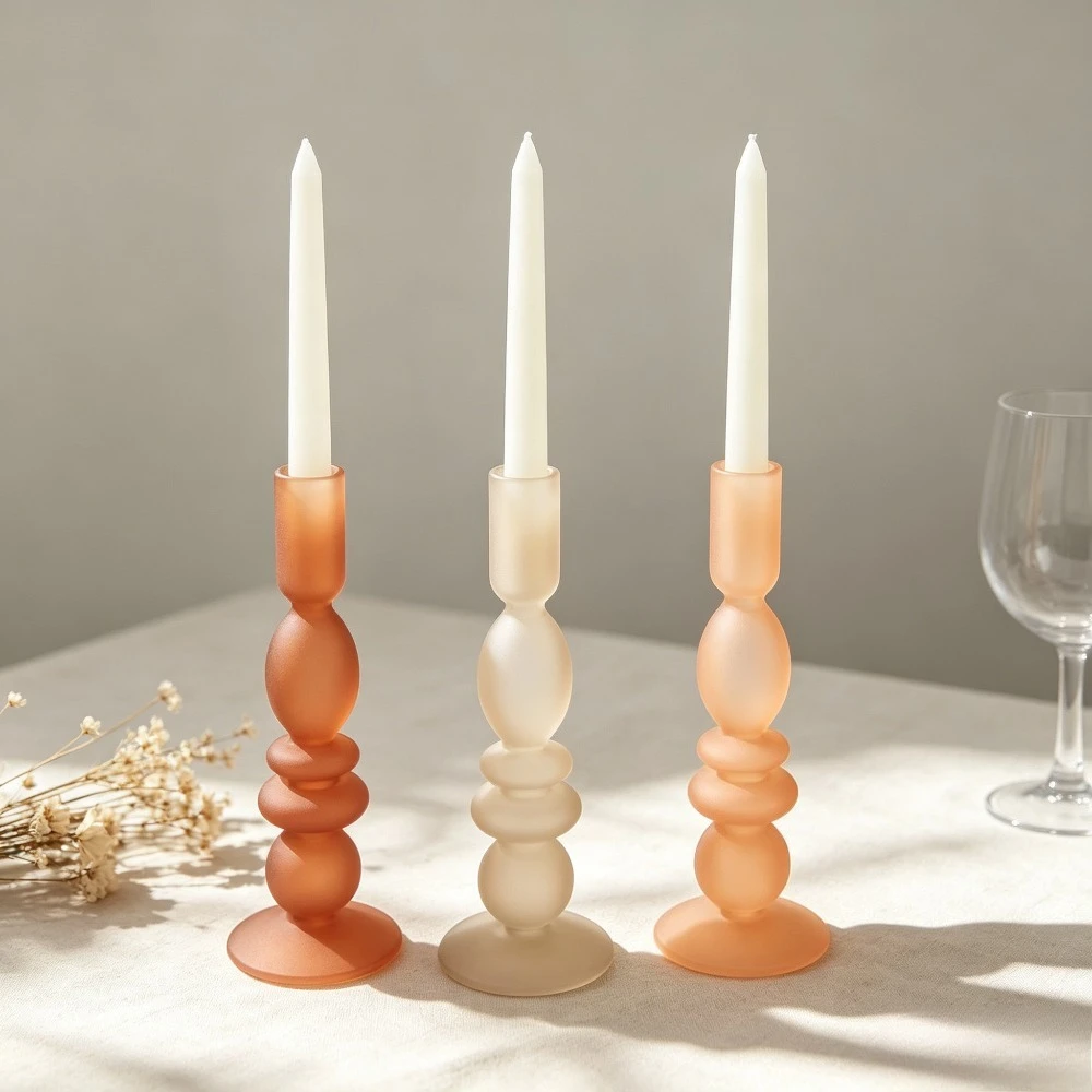 Vintage Matte Glass Taper Candlestick Holder Multi‑Layer Bead Design Decorative Candle Stand Dining Room Party Home Ornament