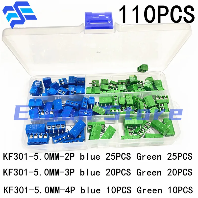 50/110Pcs/BOX Green Blue KF301-5.0 2Pin 3Pin 4P Pitch 5.0mm Straight Pin Screw PCB Terminal Block Connector 10A 300V 24-18AWG