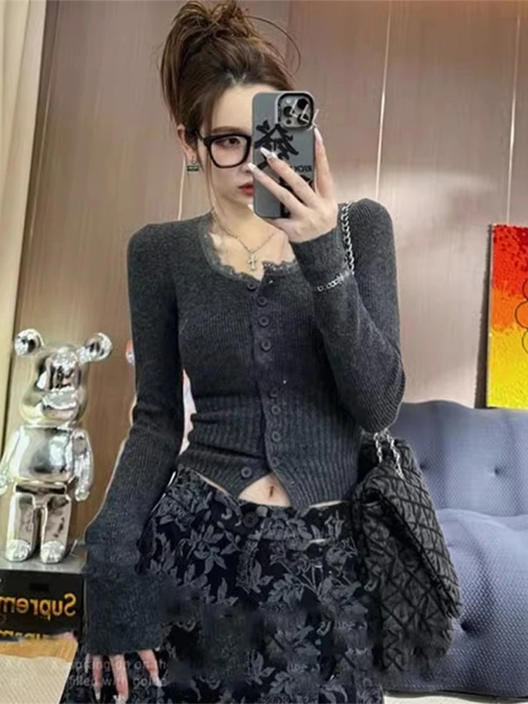 Cárdigan abierto de punto largo con empalme de encaje dulce coreano para mujer Otoño Invierno nueva ropa interior delgada Top básico